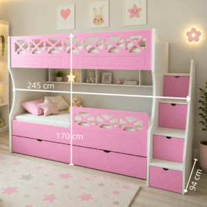 Pembe Çapraz Desenli MDF Ranza 5 Pembe Çapraz Desenli MDF Ranza çekmeceli merdiven detayı
