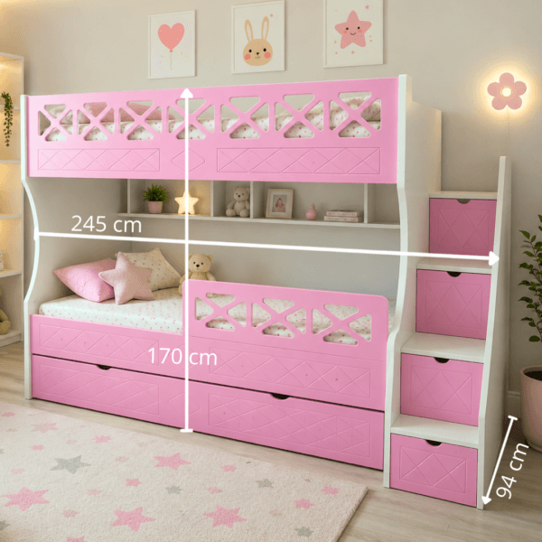 Pembe Çapraz Desenli MDF Ranza 1 Pembe Çapraz Desenli MDF Ranza çekmeceli merdiven detayı
