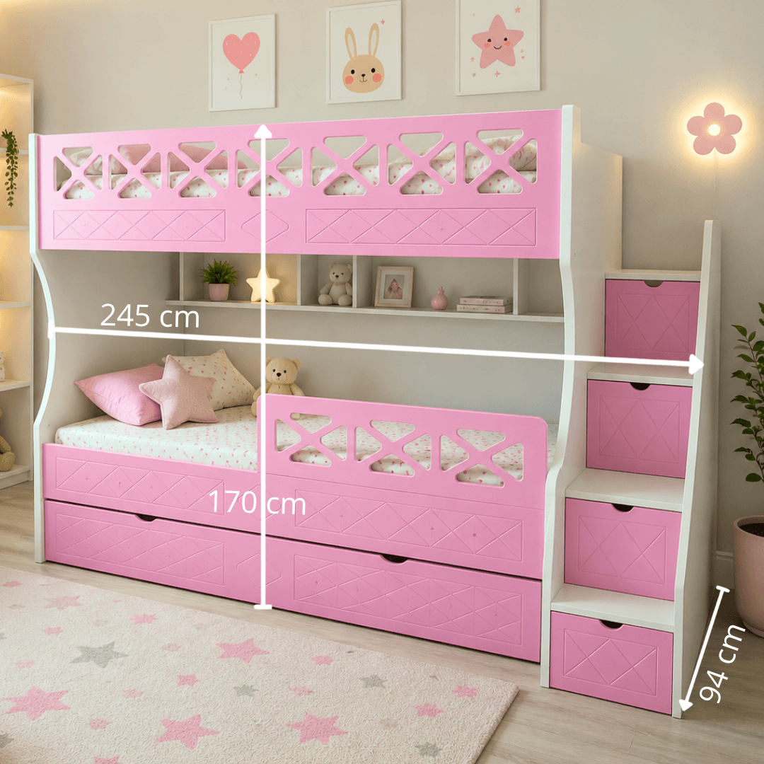 Anasayfa 48 Pembe Çapraz Desenli MDF Ranza çekmeceli merdiven detayı