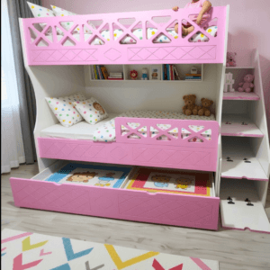 Pembe Çapraz Desenli MDF Ranza 6 Pembe Çapraz Desenli MDF Ranza yavru yataklı görünüm